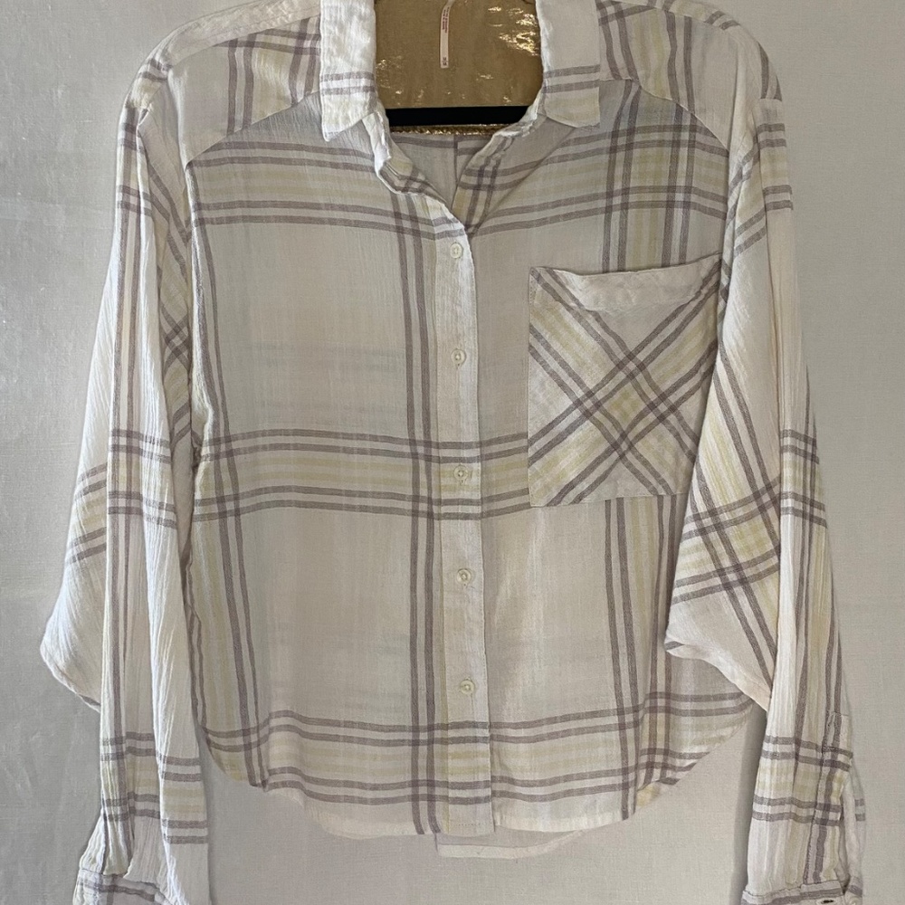 Free People Cropped Gray Yellow White Plaid Button Up Long Sleeve Top Sz M